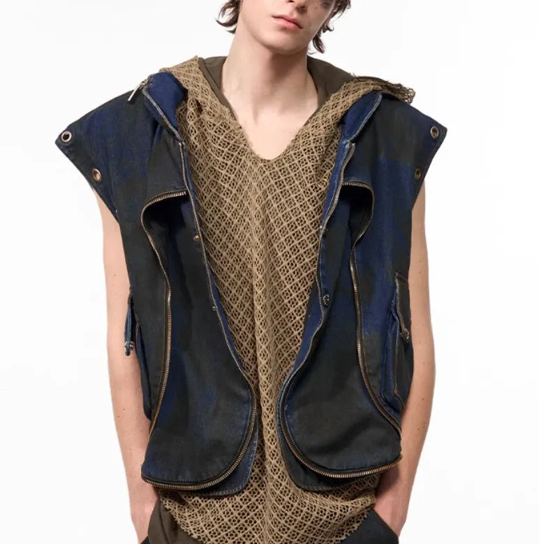 Blue hooded denim vest coat and matching trousers two-piece set Korean style