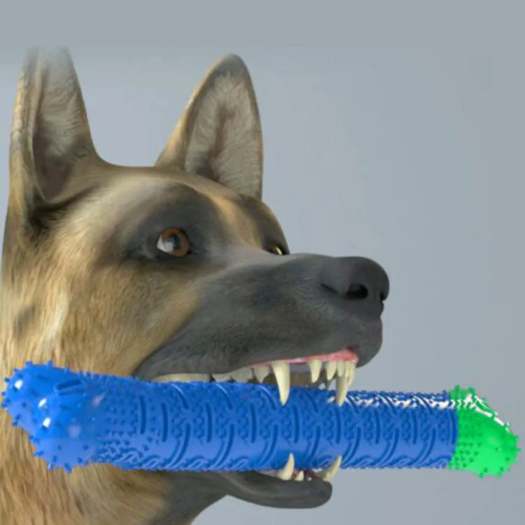 Blue silicone dog molar tooth cleaner stick with serrated brush head and treat crevice for dental care