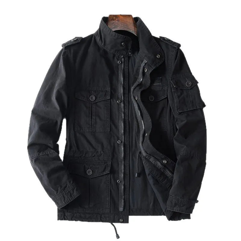 Men's loose cotton zip jacket in light brown, light army green, or black colour