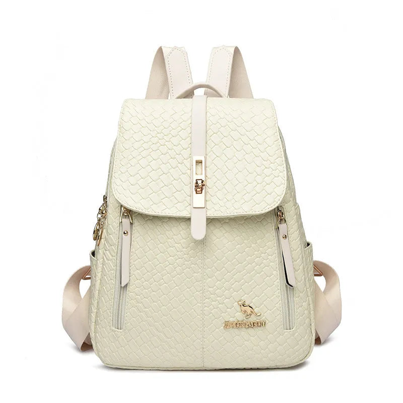 Women's large capacity waterproof PU backpack in black or white with medium hardness and no lining cloth