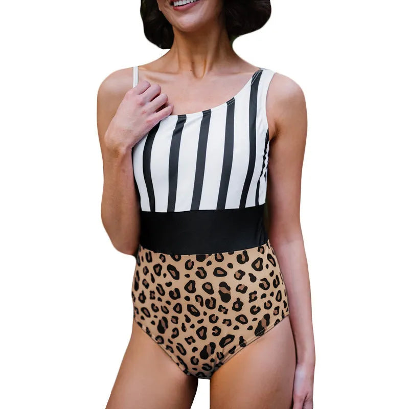 Women's leopard print high waist one-piece swimsuit with asymmetric collar