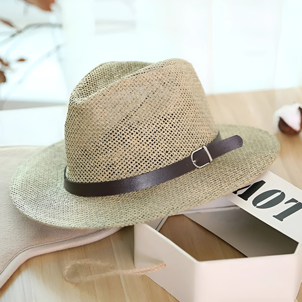 Khaki salty grass Panama sun hat with bell crown, size M 56-58cm, unisex summer beach hat