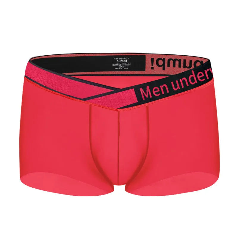 Men's low waist nylon underwear with gradient laser print in black, red, or white.