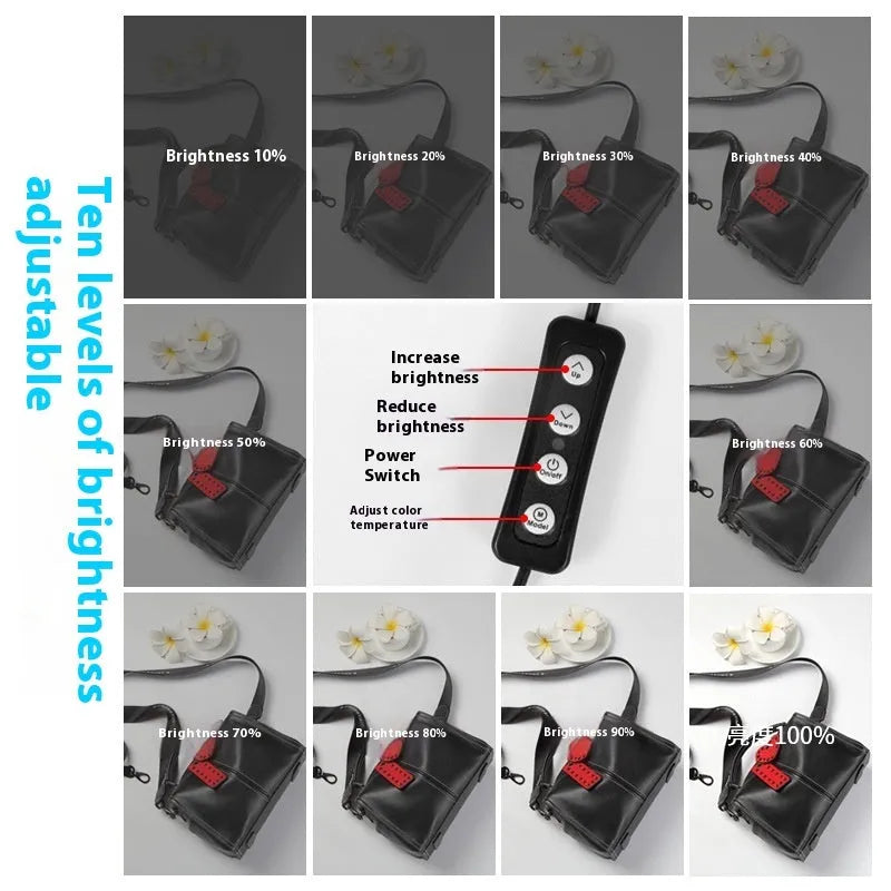 50cm foldable studio light box with three-colour LED lights and reflective cloth interior for product photography.