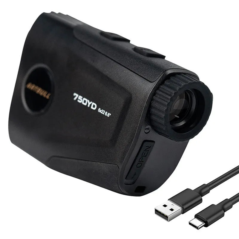 Rechargeable golf laser rangefinder with LCD display showing 750 yard range and flag lock vibration feature