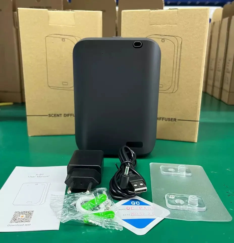 White smart wall mount essential oil diffuser with 150ml tank and app control on smartphone