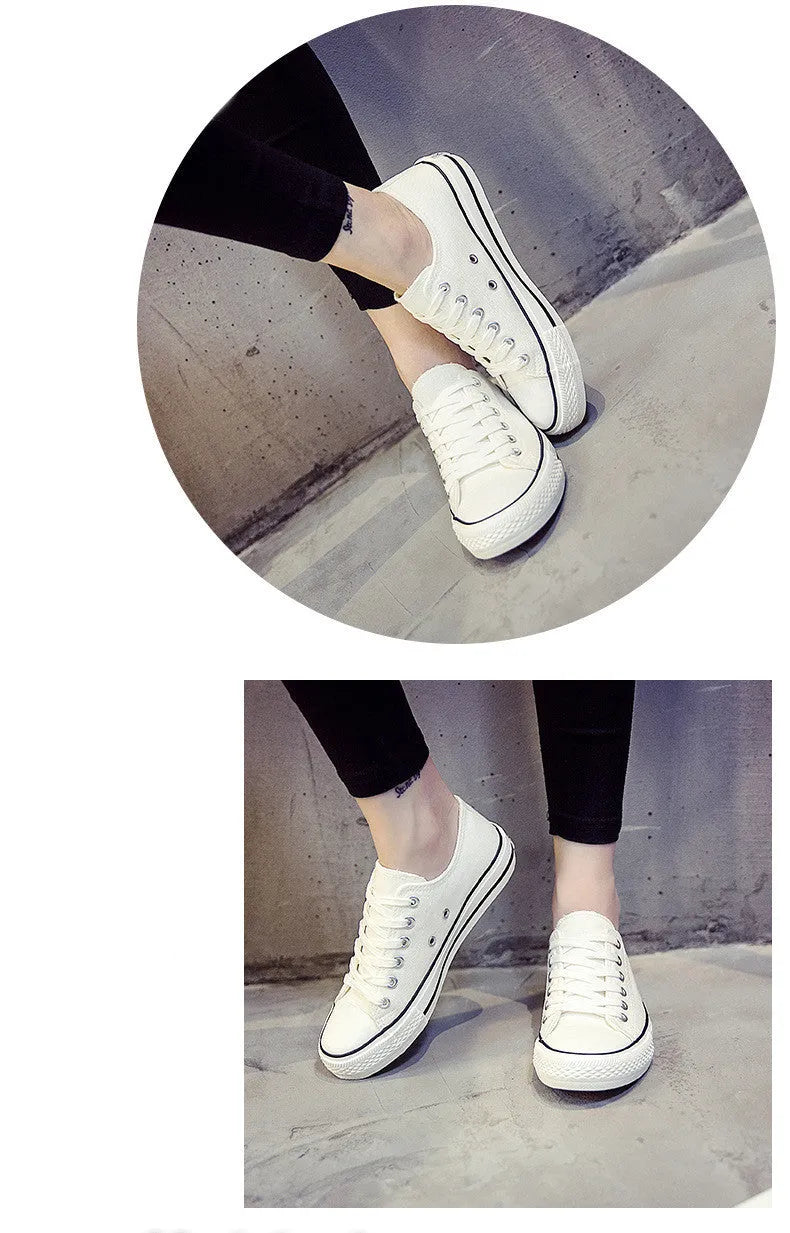 Women's solid colour canvas shoes in black, white and red colourways with casual design