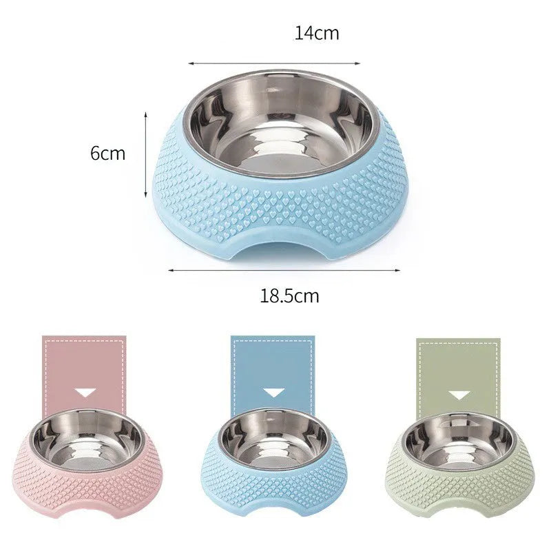 Blue stainless steel pet bowl with non-slip base on a floor