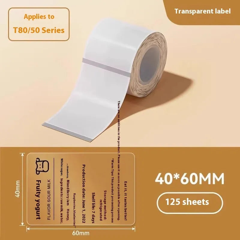 Roll of transparent waterproof thermal adhesive label stickers in various rectangular and round sizes for kitchen and office organisation.