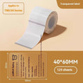Roll of transparent waterproof thermal adhesive label stickers in various rectangular and round sizes for kitchen and office organisation.