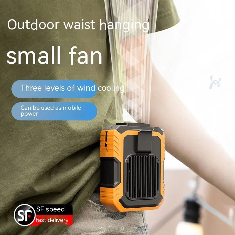 Green wrist hanging personal fan with USB power bank and LED light on a person's arm.