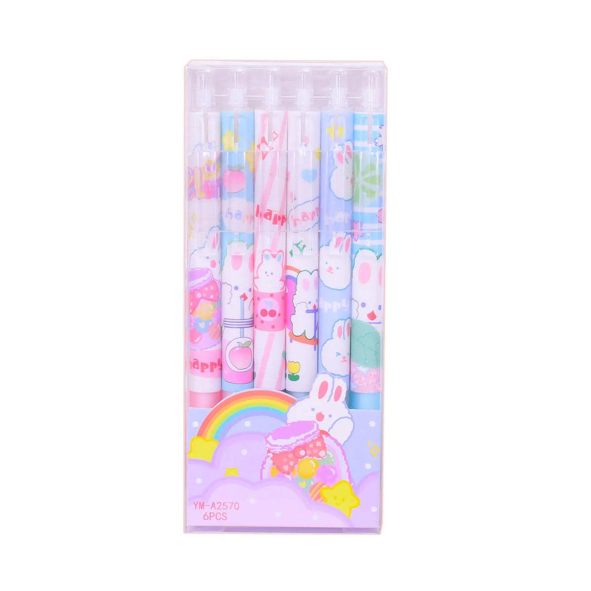 Set of six black pens with cartoon bunny design, showing 0.5mm fine tip nibs.