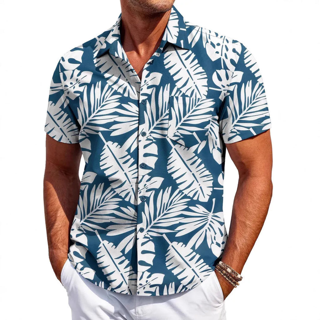 Men's slim fit cardigan-style short sleeve shirt in elastic polyester fabric