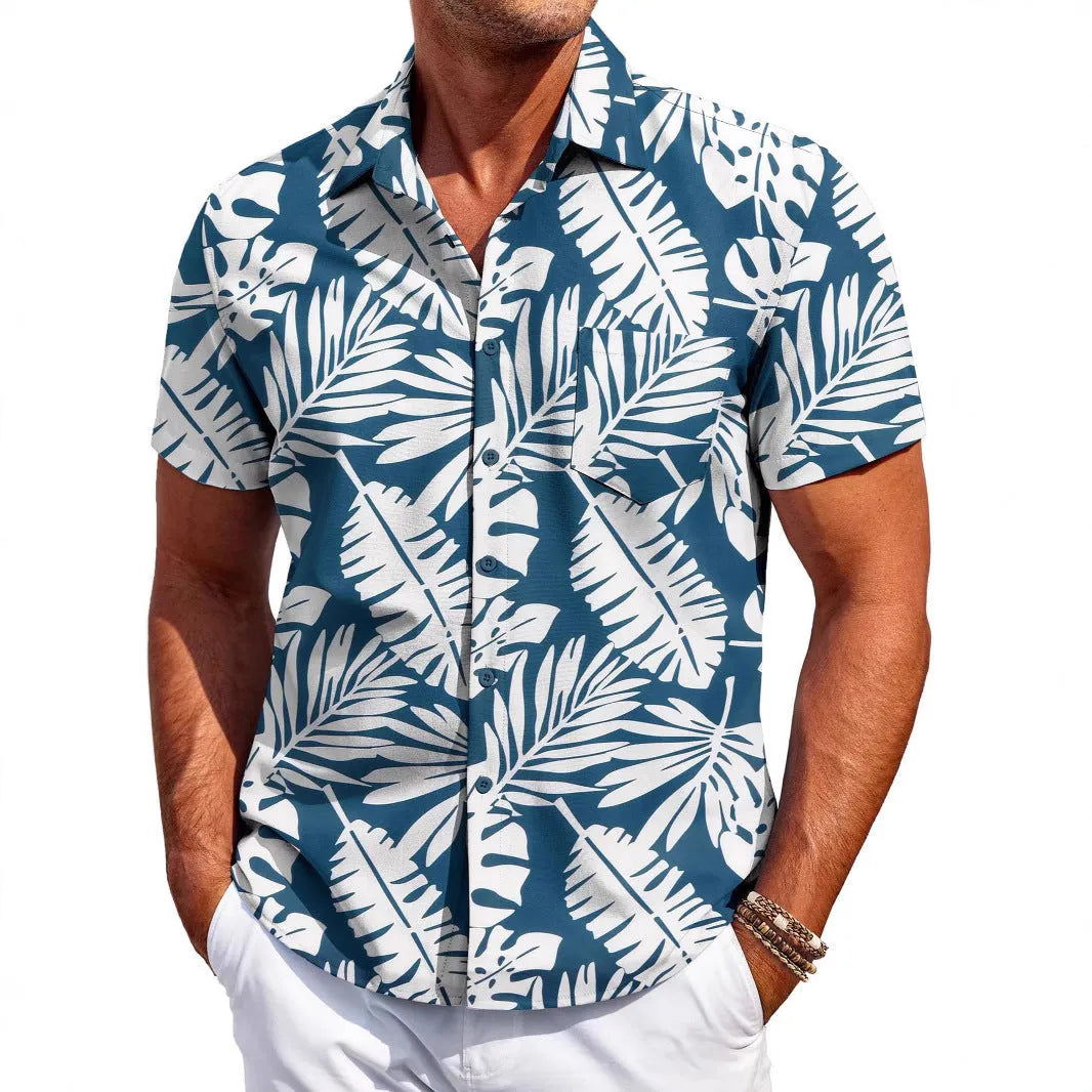 Men's slim fit cardigan-style short sleeve shirt in elastic polyester fabric