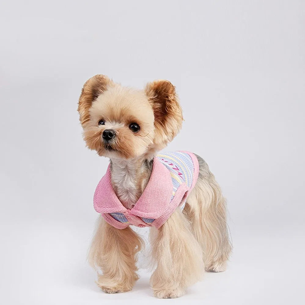 Pink purple soft fleece autumn vest for a small dog or cat, shown with size chart from XXS to XXL.