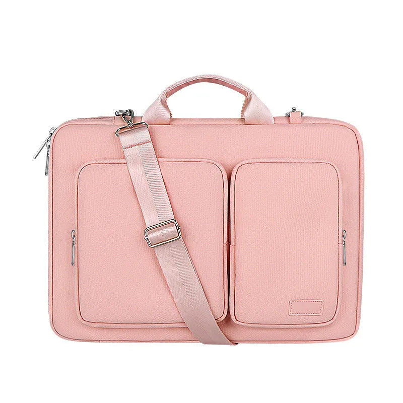 Shock proof shoulder laptop bag in black, grey or pink, polyester with retractable handle and zipper, sizes 13.3 to 15.6 inches.