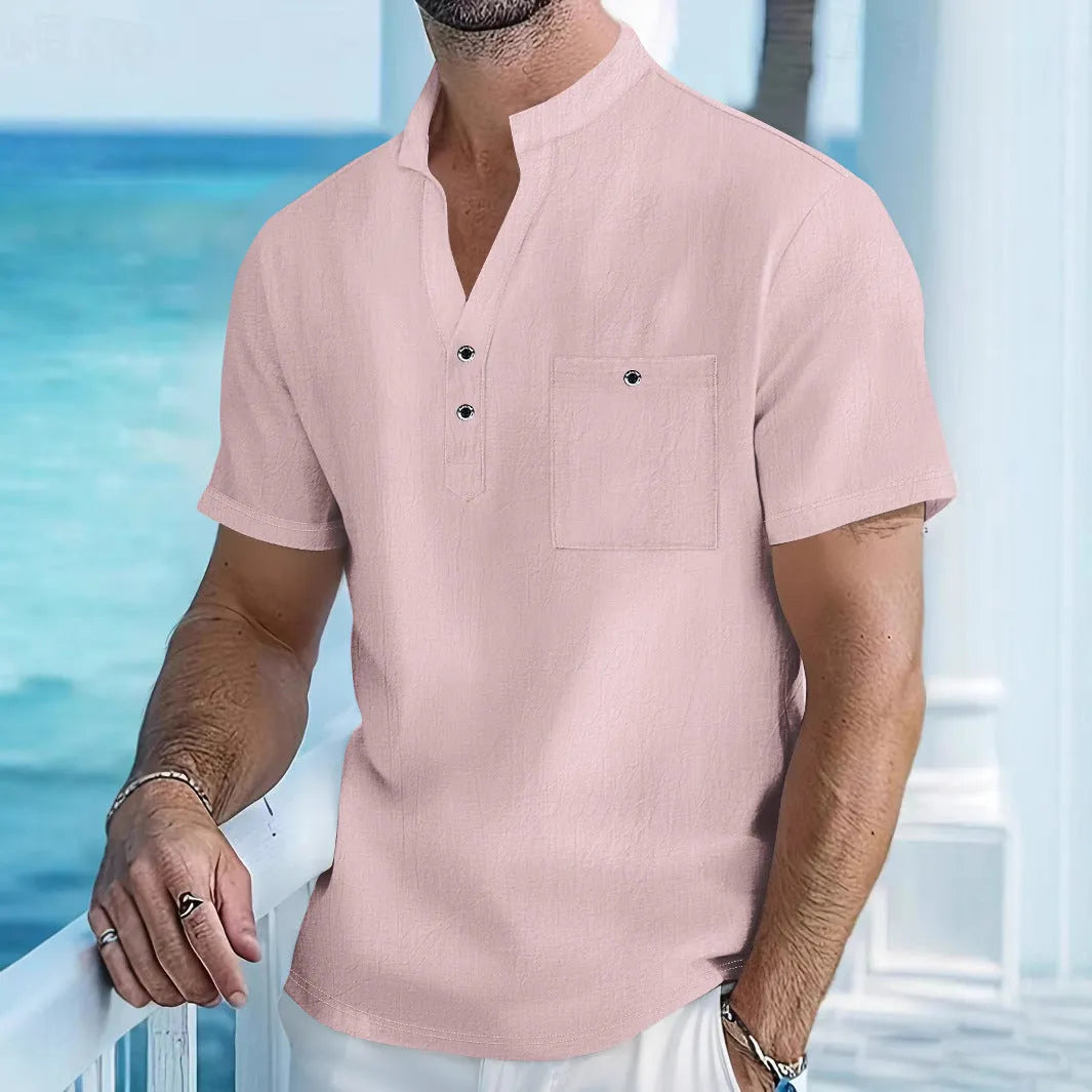 Men's linen blend stand collar t-shirt in loose fit casual style
