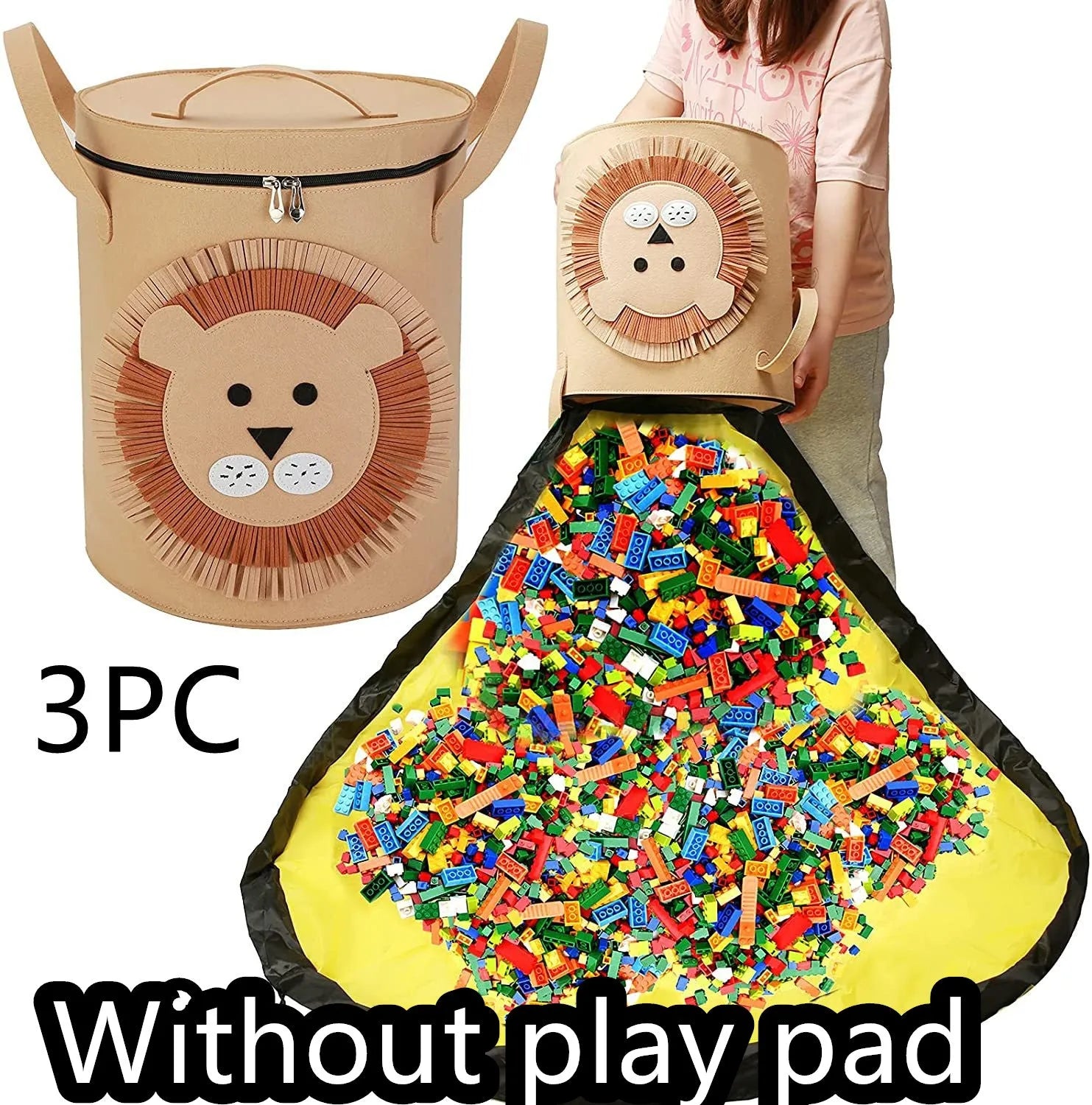 Green felt cube storage bag with pull rope that converts into a flat play mat for toys.