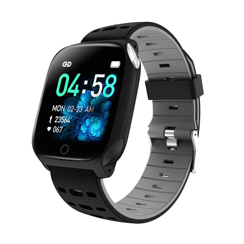 F16 smart watch with ECG monitor showing blood pressure and heart rate display on black silicone wristband