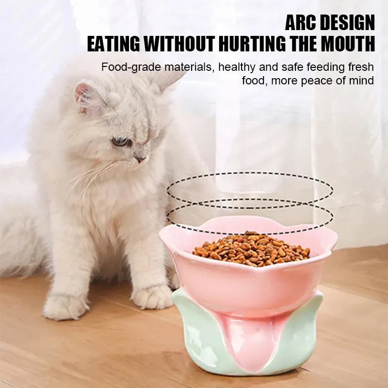 Blue ceramic elevated pet bowl with floral pattern and non-slip base for cats and small dogs.