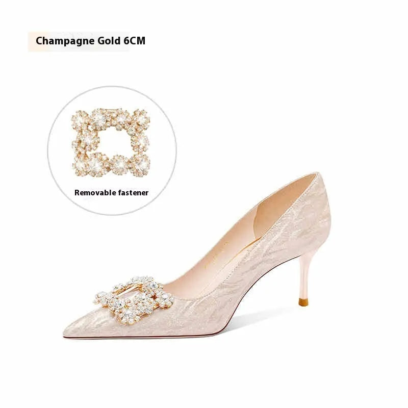 Champagne gold women's high heel pumps with rhinestone decoration and pointed toe