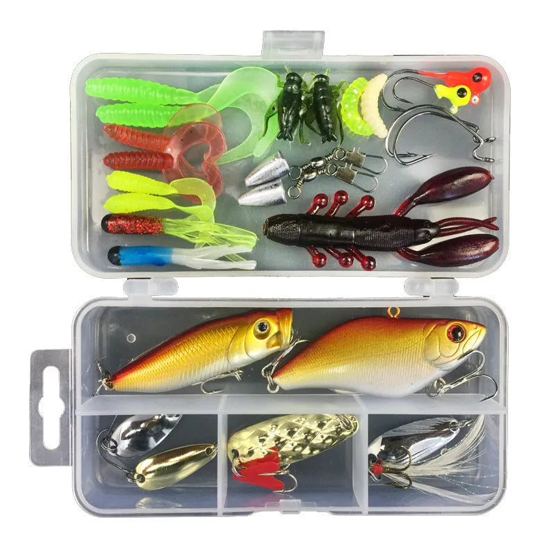 Junior fishing lure suit with PP plastic box containing soft plastic baits including colour thread Lei frog lures