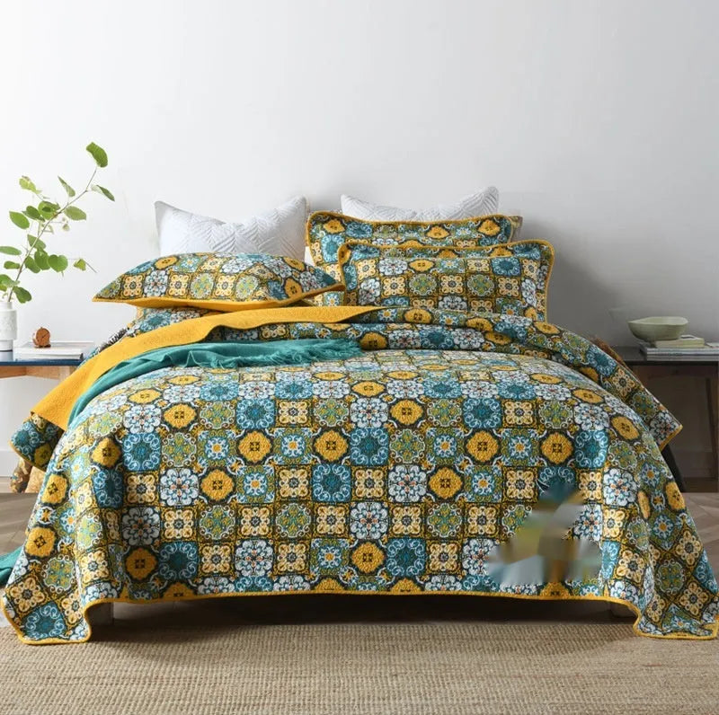 Pure cotton bedspread three-piece set with geometric pattern showing bed cover and pillowcases
