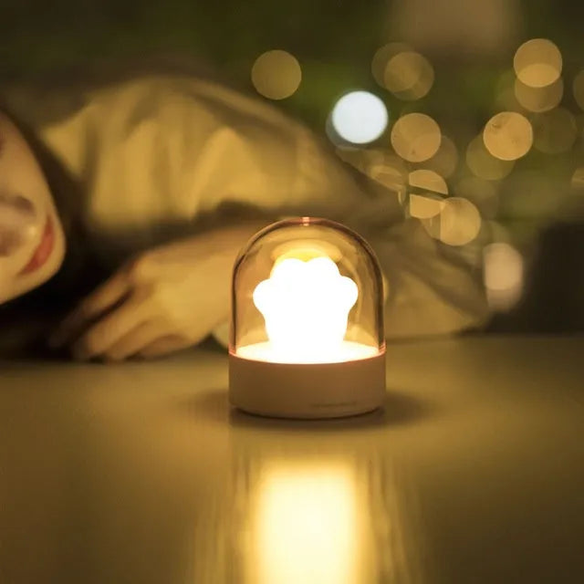Grey cat paw shaped night light with USB charging cable and adjustable brightness controls