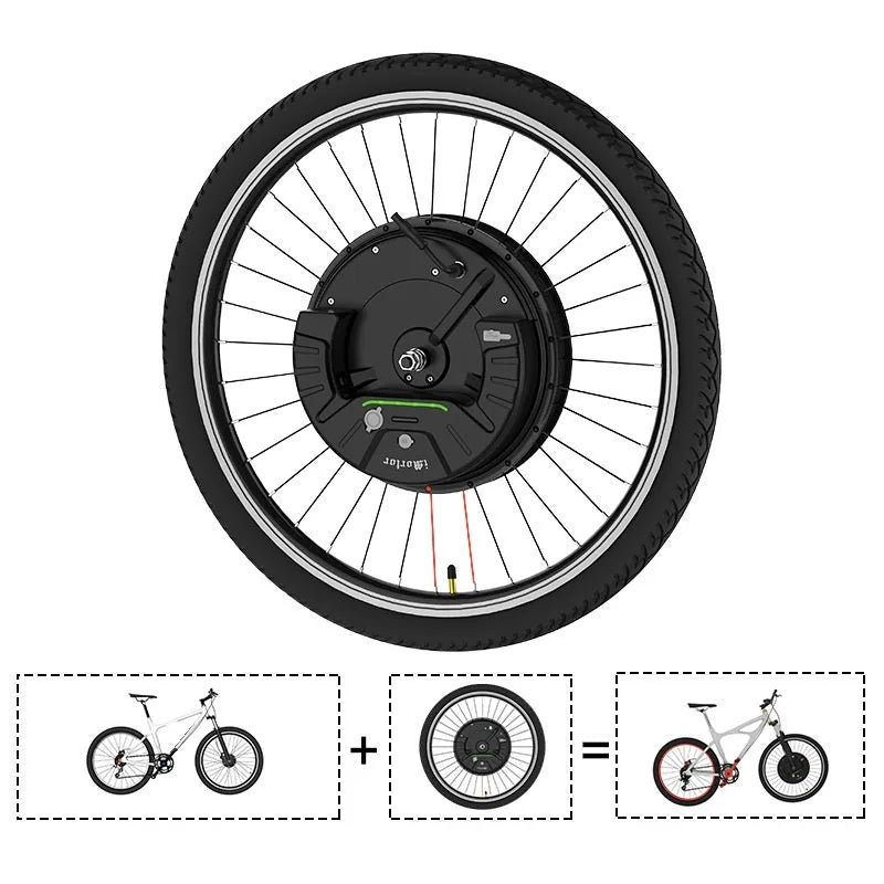 Black alloy hub wheel with integrated Imotor 3.0 electric bicycle conversion motor