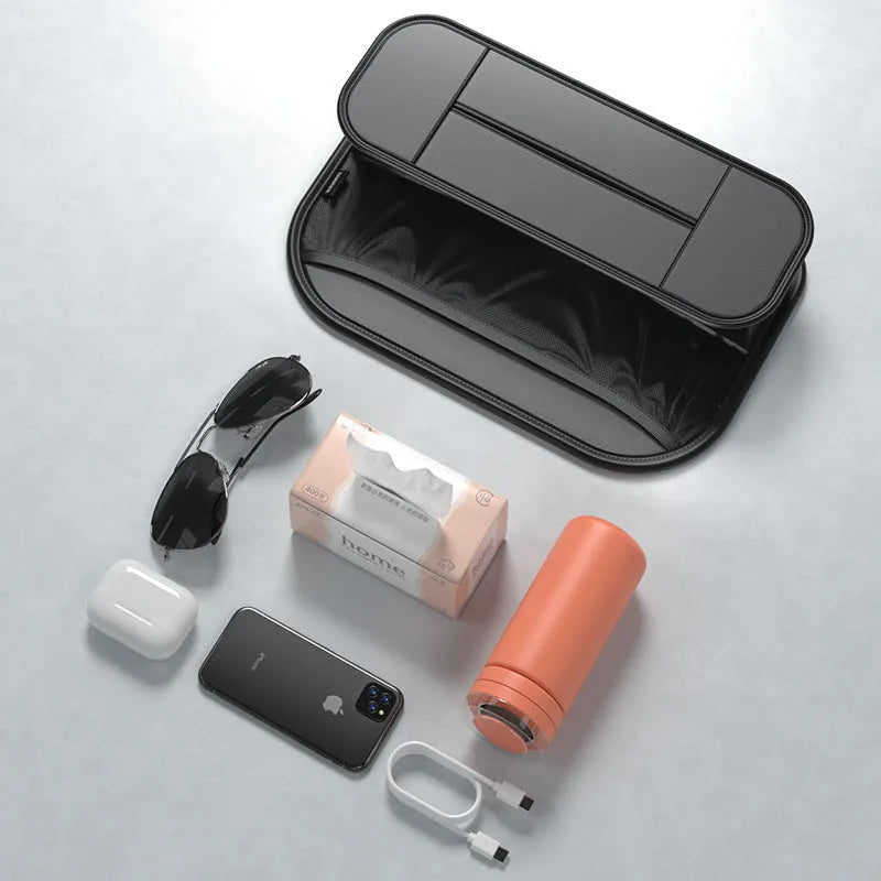 Black leather car seat rear storage bag showing its storage box design and dimensions.