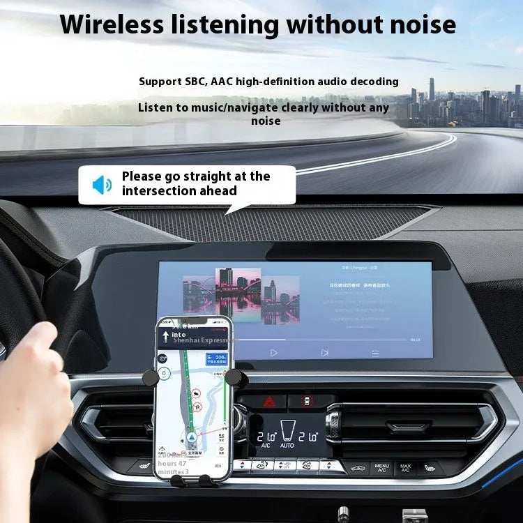 USB car Bluetooth audio receiver with zinc alloy USB plug, copper 3.5mm jack, and black PU-coated cable.