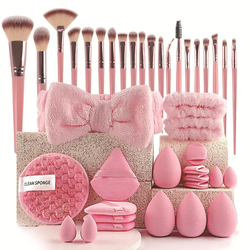 Hydrophilic non-latex beauty tools set in brown, pink and purple colours for facial cleansing and makeup