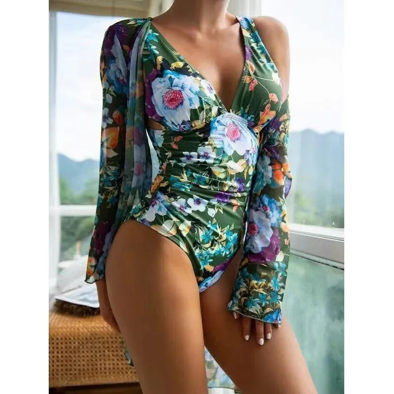 Women's floral pattern bikini three-piece swimsuit set with matching chiffon coat in one of seven colours