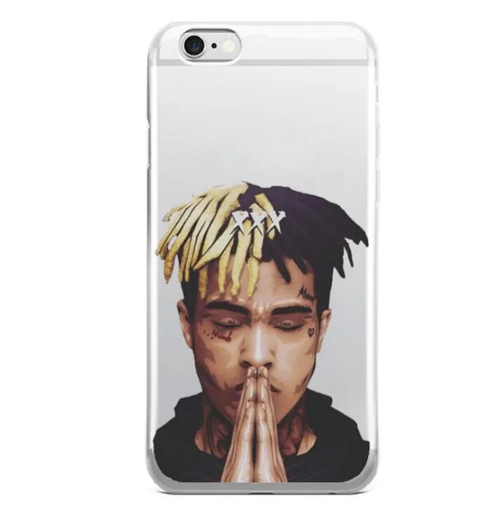 Transparent half-wrapped iPhone case with XXXTentacion matte pattern, showing phone model compatibility.