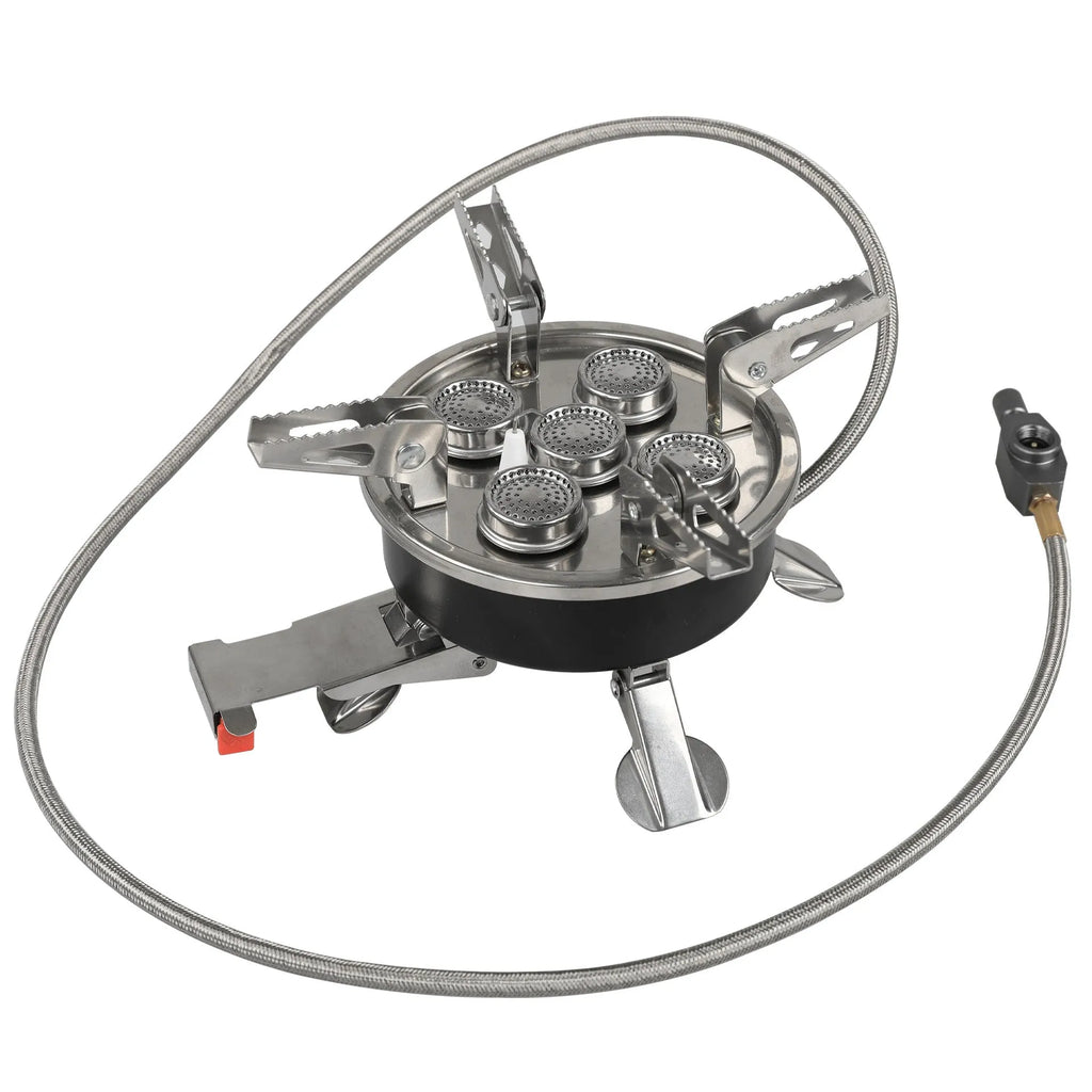 Silver stainless steel split camping stove with 100cm hose, folded dimensions 155x125mm