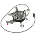 Silver stainless steel split camping stove with 100cm hose, folded dimensions 155x125mm