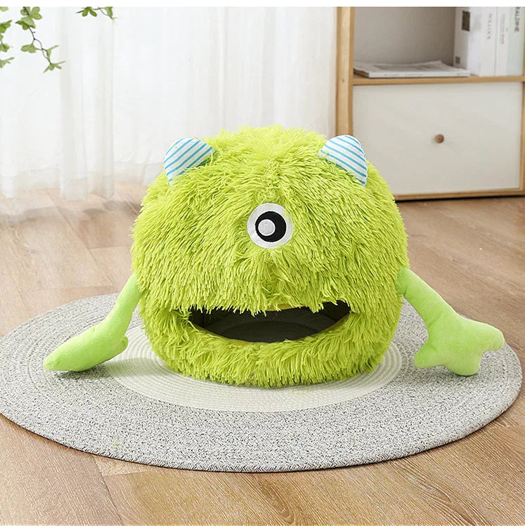 Round fluffy plush cat bed with non-slip base in small, medium, and large sizes