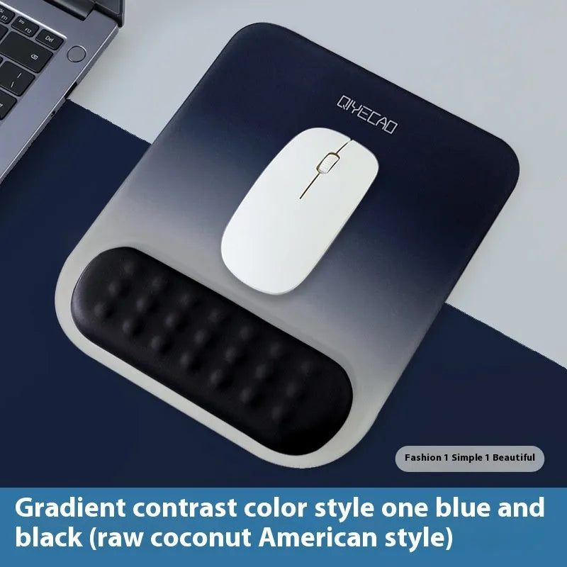 Ergonomic cloth-silicone mouse pad with raised wrist support on a desk