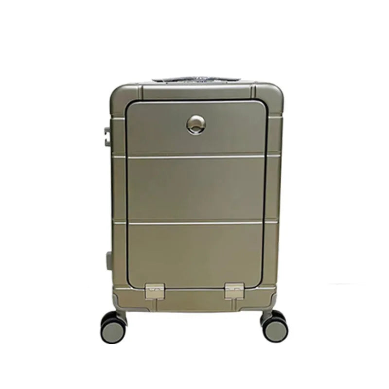 20-inch front opening hard-shell suitcase in black showing wet-dry separation compartment and universal wheels.