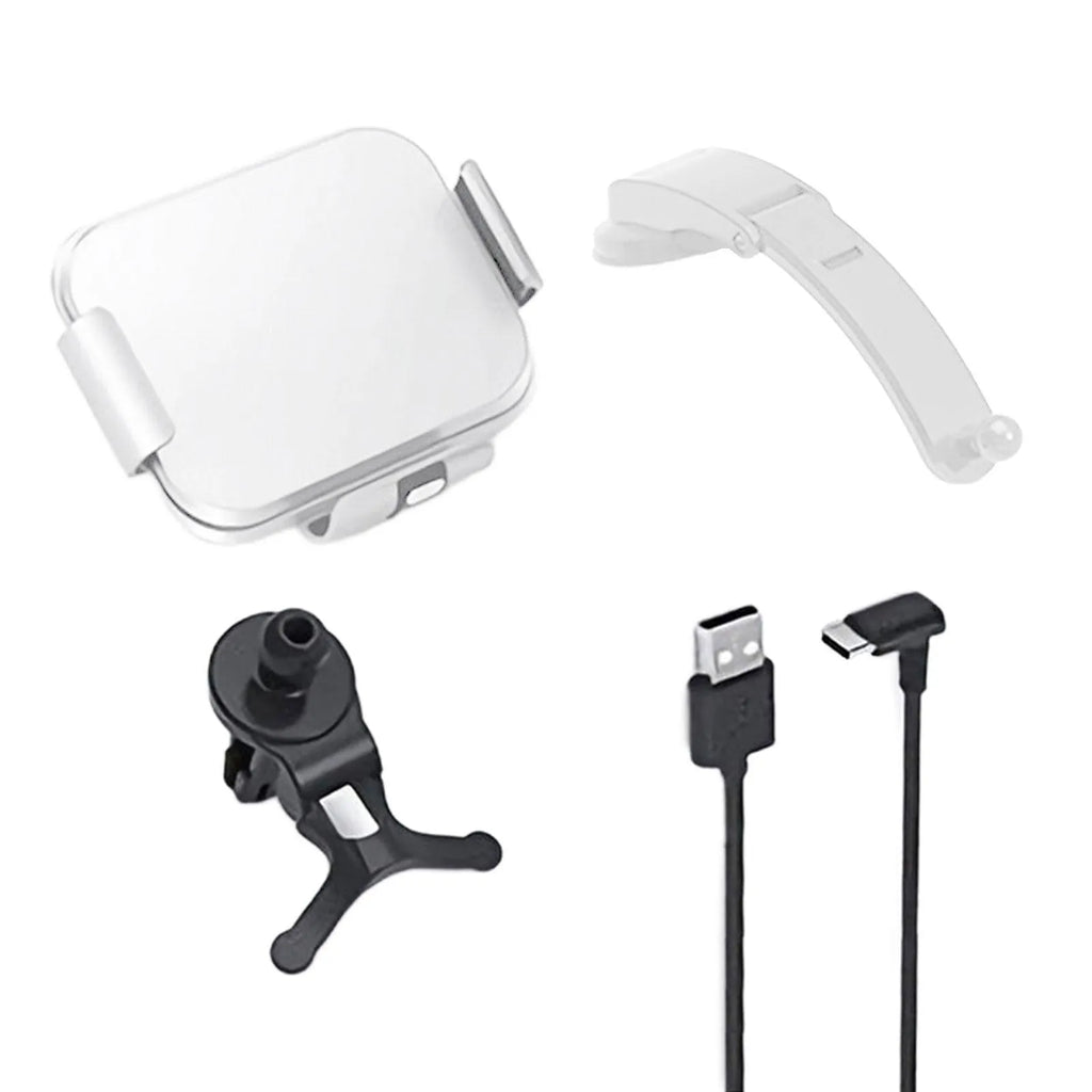 Grey wireless charging car phone holder with folding screen shown with air conditioner clip and suction cup mount accessories.