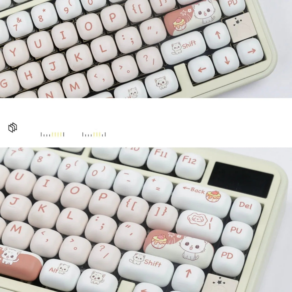 A single round MOG profile key cap with a sublimation printed cartoon dessert cat illustration.