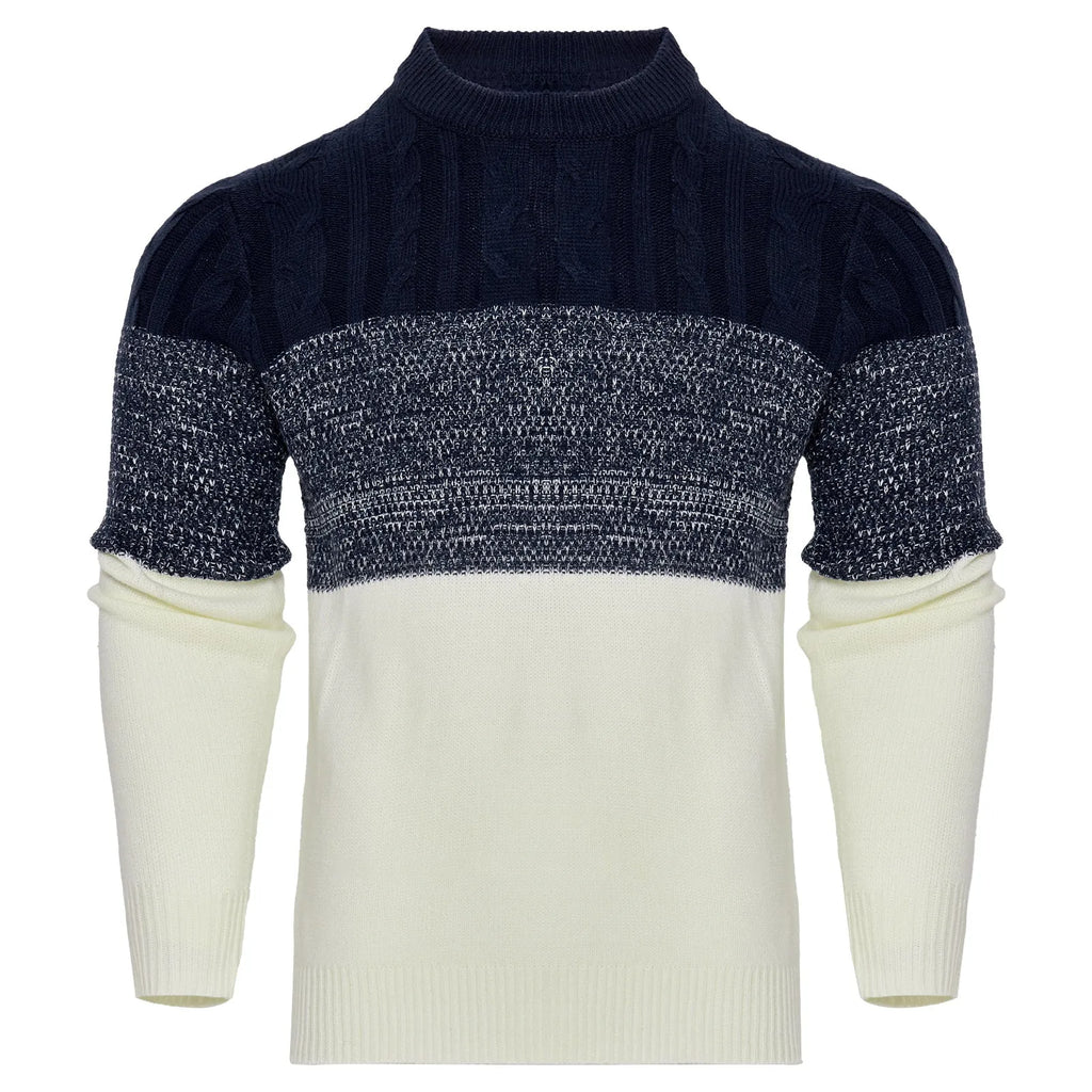 Men's grey knitted pullover sweater with crew neck and long sleeves on a hanger.