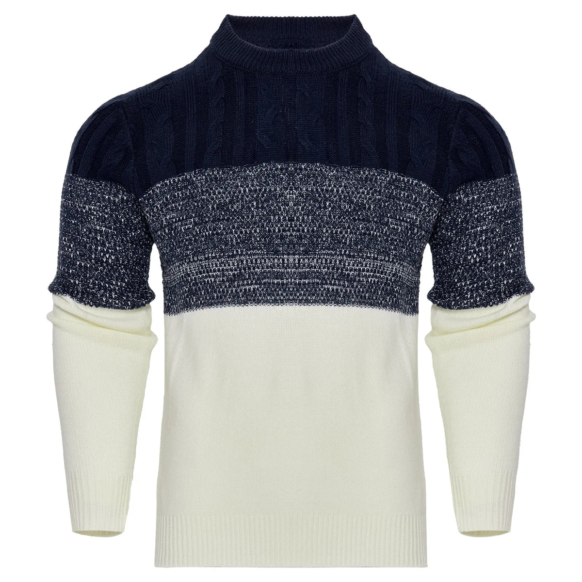 Men's grey knitted pullover sweater with crew neck and long sleeves on a hanger.
