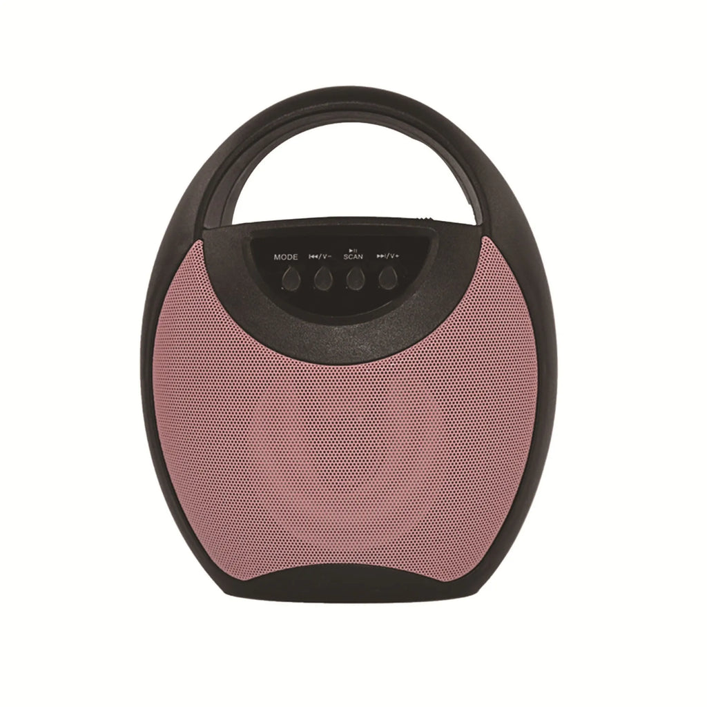 Black, blue, or pink portable Bluetooth speaker with USB port and 6-hour battery.
