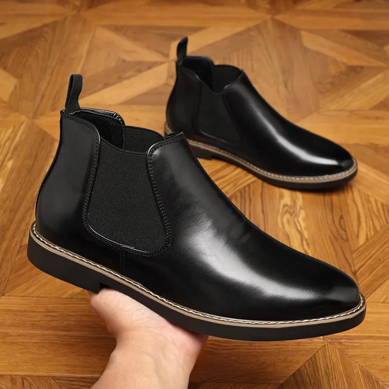 Men's black formal pointed-toe leather boots with square heel on a rubber sole