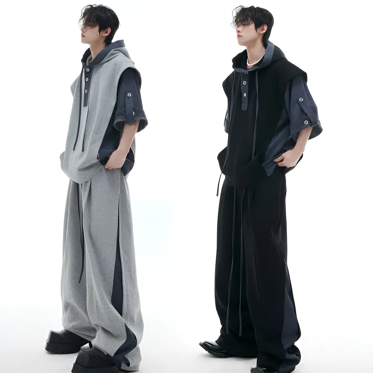 Men's black hooded sports leisure suit with three-dimensional stitching on jacket and trousers
