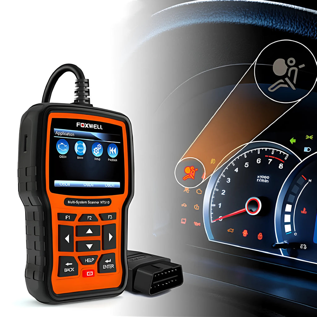 Foxwell NT510 orange and black automotive diagnostic scanner with OBD2 cable