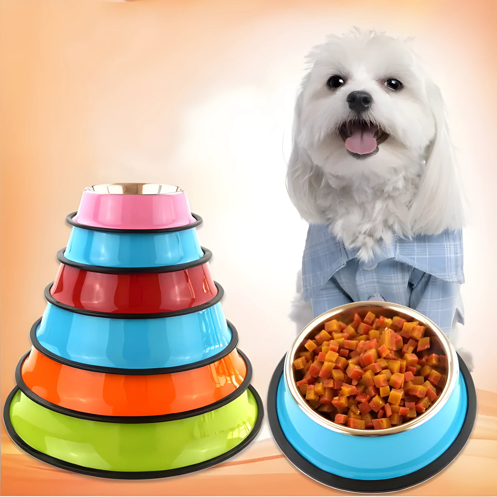 Stainless steel pet bowl with colourful melamine exterior and non-slip rubber ring base