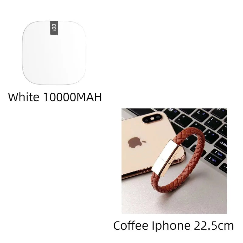 10000mAh mini power bank with LCD display, dual USB ports, and fast input, in red, white, or black.