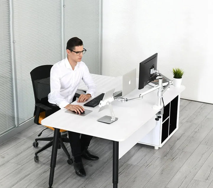 Silver foldable aluminium tablet phone holder showing 360-degree rotation mechanism and silicone anti-slip pads